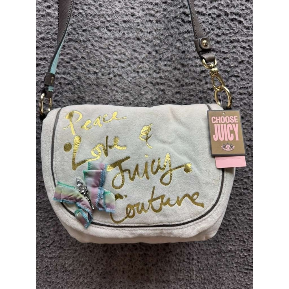 Vintage NWT Juicy Couture Womens Peace Love Velour Flap Crossbody Bag Soft Aqua